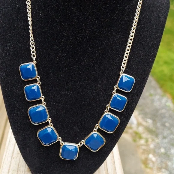 Cobalt Blue Square Stone Statement Chunky Necklace - Picture 8 of 11